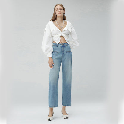 2025 In the autumn of , 2025n pure and elegant minimalist style shows high and thin wide-leg pants, women's high-waisted denim nine-point pants
