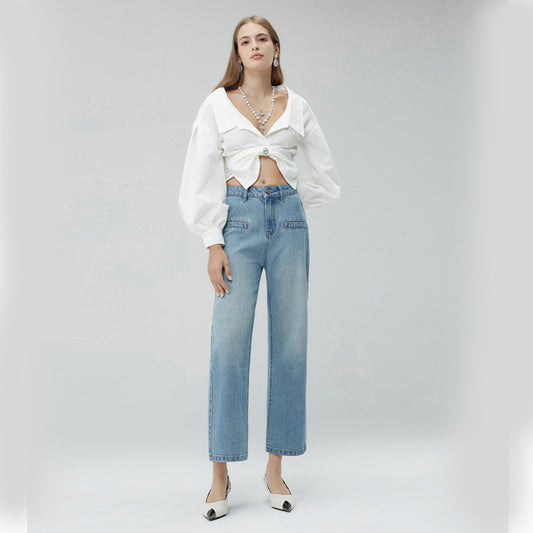 2025 In the autumn of , 2025n pure and elegant minimalist style shows high and thin wide-leg pants, women's high-waisted denim nine-point pants