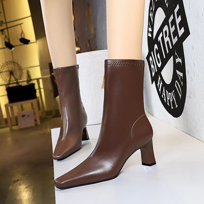 FLOWERSVERSE 2025 375-12  style fashionable simple and versatile winter short women's boots thick heel high heel square head pedicure and thin short boots