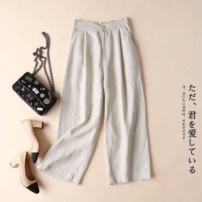 flowersverse Pure Linen Loose Wide-Leg Pants Cropped Pants Pink Straight Small Women's Pants Drape Artistic Linen Pants Women's Summer