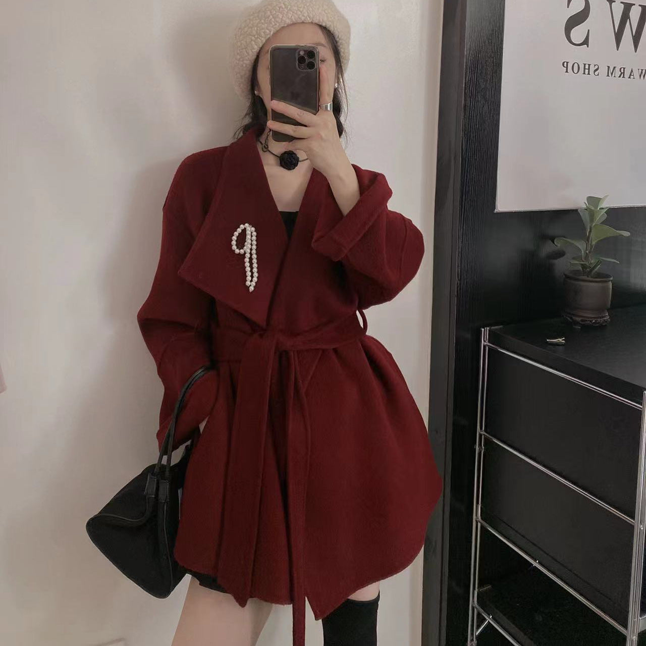 2025 Large lapel lace-up sleeves pearl accessories high-end double-sided wool coat woolen jacket women's warm autumn and winter