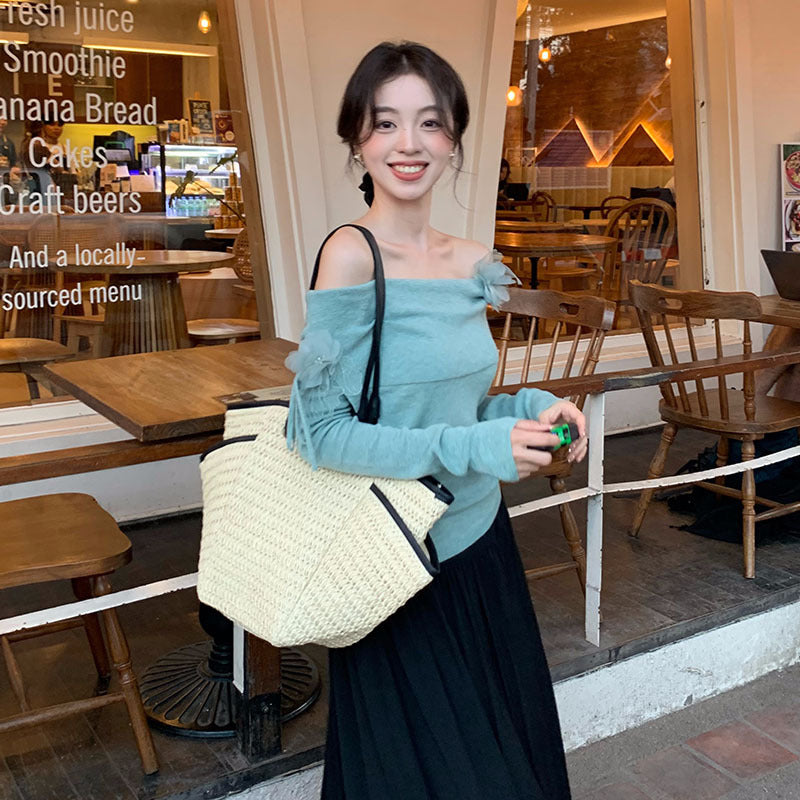 2025 spring new Korean version of flower temperament one-word neck wool knitted sweater women's top 25188