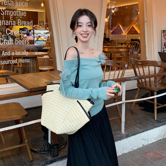 2025 spring new Korean version of flower temperament one-word neck wool knitted sweater women's top 25188