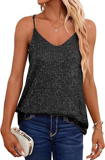FLOWERSVERSE New 2025 new  2025 new loose sequins V-neck sleeveless casual sequins deep V suspenders