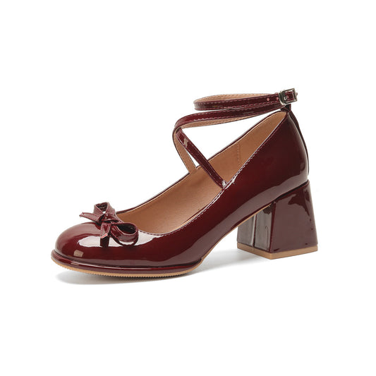 flowersverse  New Mary Jane Lady Style Cross Strap with Bow Low-Cut Chunky Heel Mid Heel Not Tired Feet Pumps Women