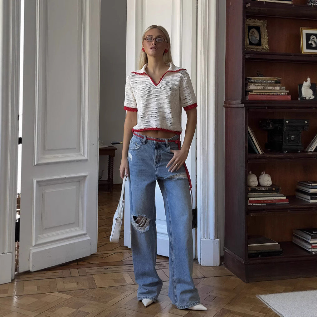 personalized summer new knitted hollow navy round neck five-quarter sleeve polo shirt front shoulder women's short loose and spicy