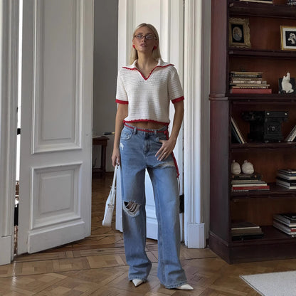 personalized summer new knitted hollow navy round neck five-quarter sleeve polo shirt front shoulder women's short loose and spicy