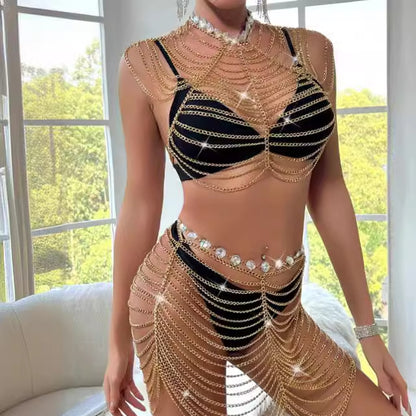 234023 2025 New hot-selling metal chain splicing multi-layer wave neck top fashionable hollow waist chain set