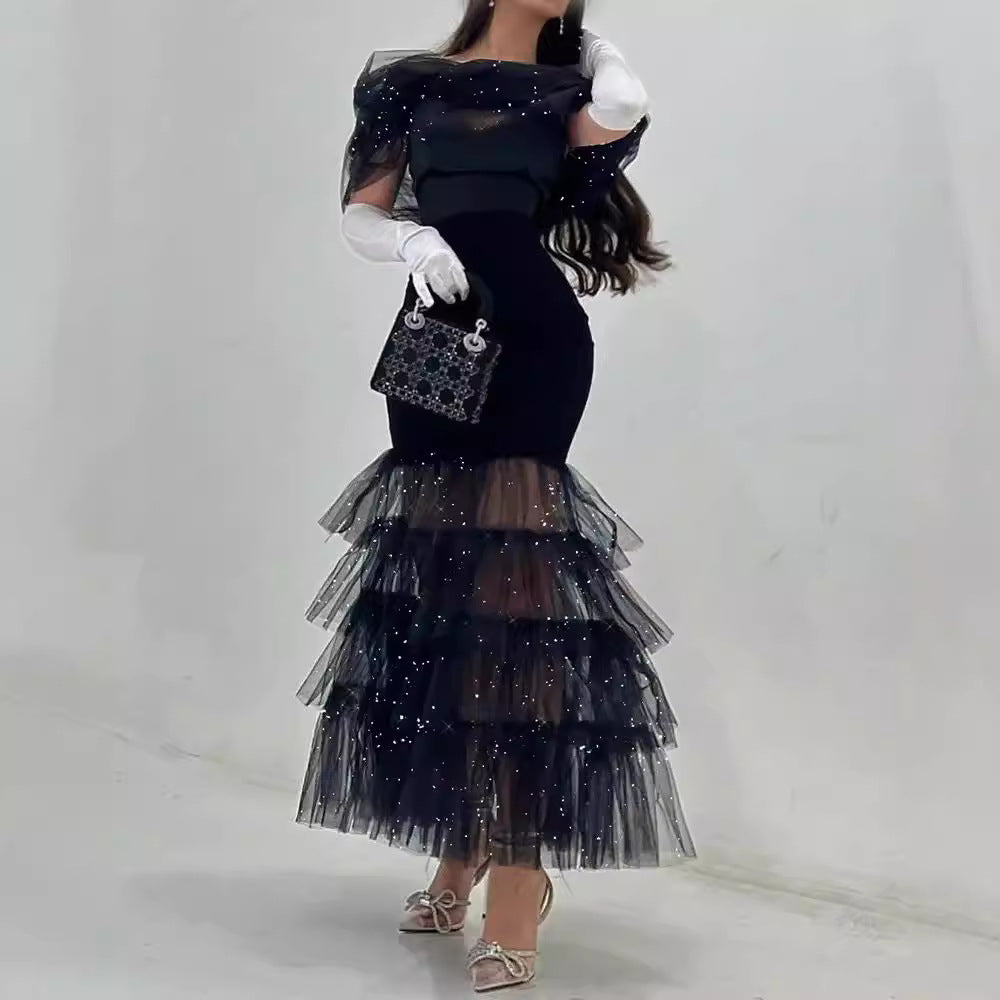 FLOWERSVERSE  New new hip wrap mid-waist waist black literary mesh sequined temperament commuter dress dress