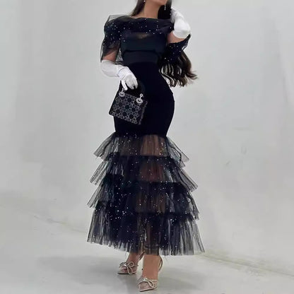 FLOWERSVERSE  New new hip wrap mid-waist waist black literary mesh sequined temperament commuter dress dress