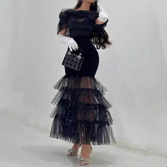 FLOWERSVERSE  New new hip wrap mid-waist waist black literary mesh sequined temperament commuter dress dress