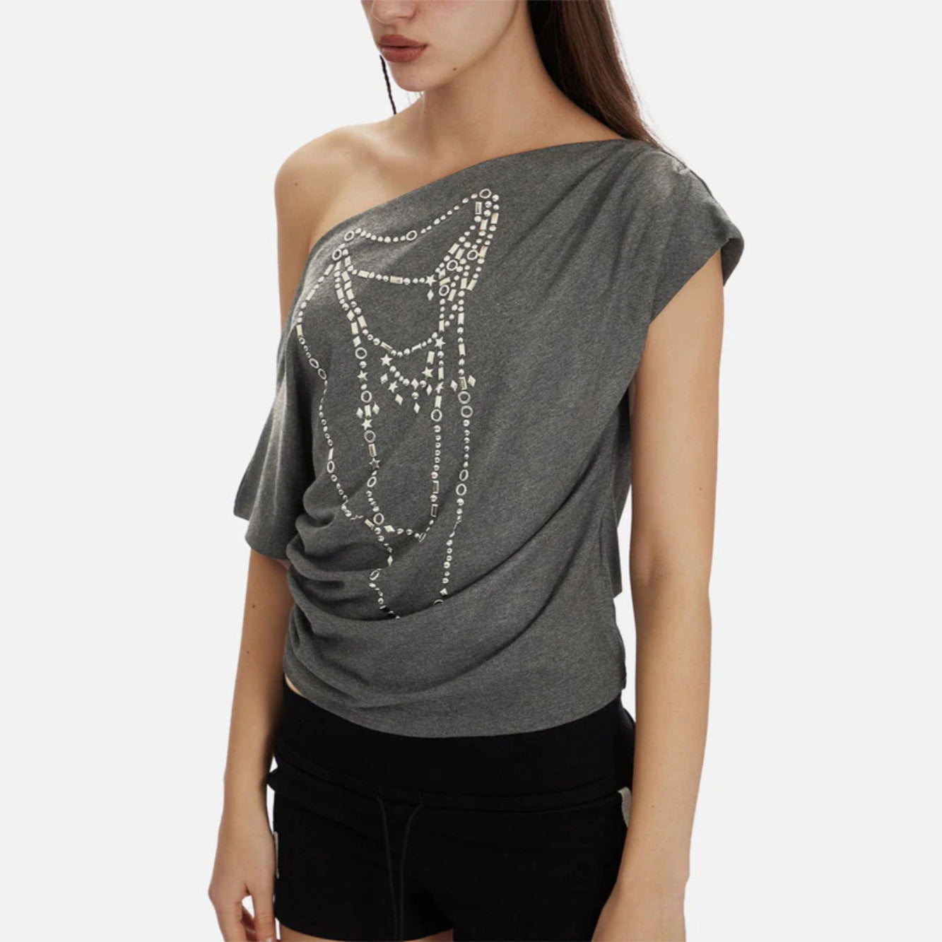 spring new slanted shoulder pure desire style Spice Girl gray T-shirt women's loose heavy industry metal decorative top New