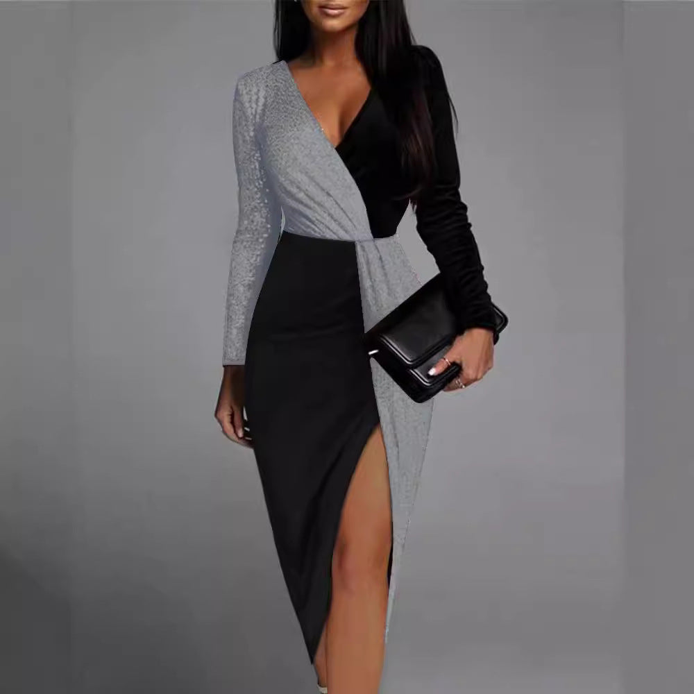 FLOWERSVERSE 2025 New new summer black temperament commuting color matching sequins small temperament high waist v-neck long sleeve dress