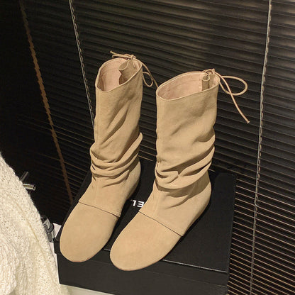 2025  Pile boots retro round head flat bottom niche cross strap frosted leather western cowboy boots wrinkled apricot short boots women