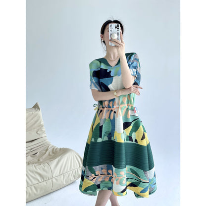 Miyake summer new fashion retro printing loose v-neck pleated dress femininity drawstring waist skirt
