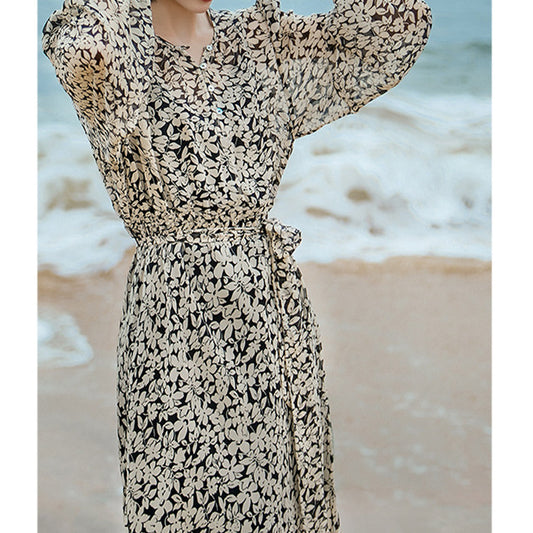 2025 Heavy silk bubble sleeve dress, mulberry silk spring floral skirt  summer new  women's clothing