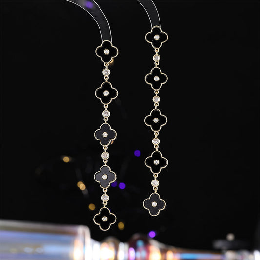 2025 New versatile temperament zircon earrings, high-end earrings wholesale tassel super long face thin lucky grass earrings