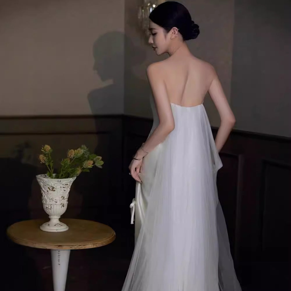 2025 Korean super fairy light wedding dress  new high-end satin bridal welcome dress temperament light luxury fishtail tube top dress