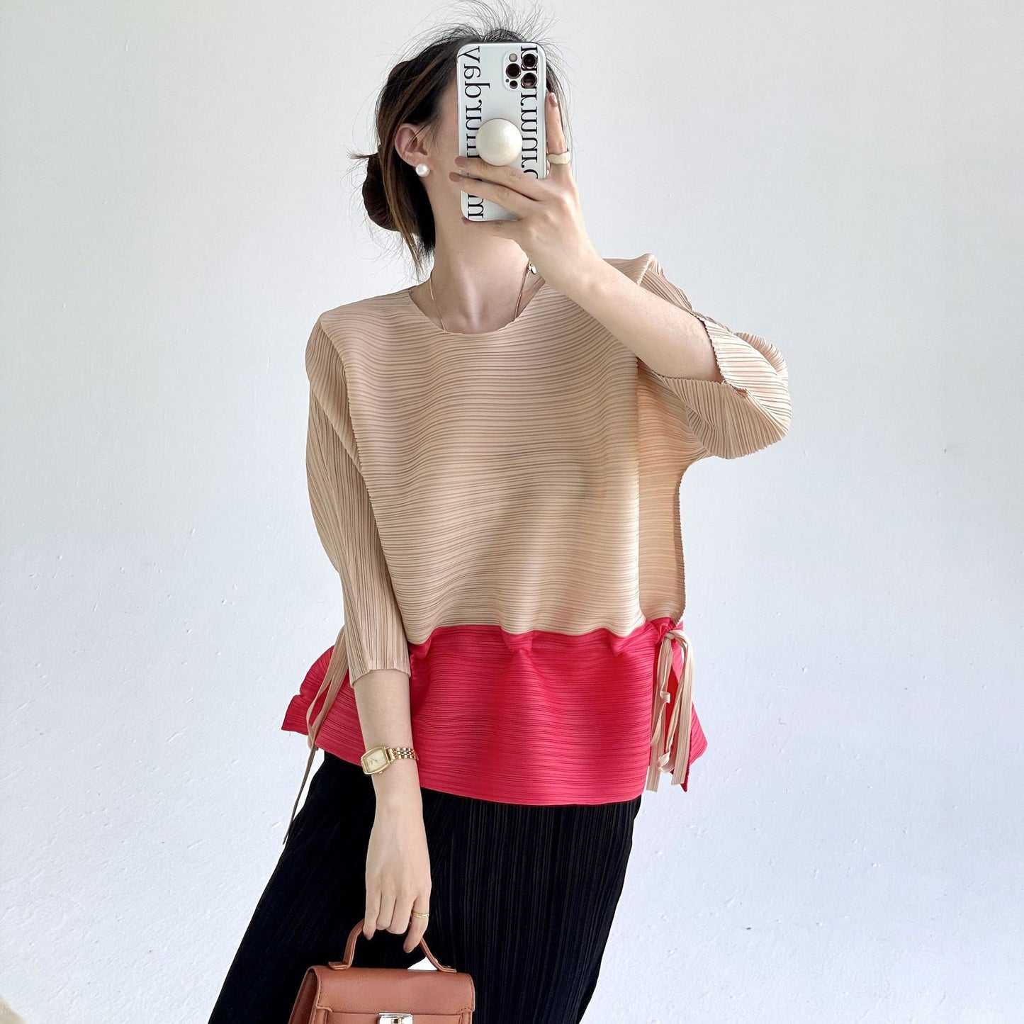 popular spring and summer new fashion color matching loose crew neck top femininity meat covering thin drawstring waist T-shirt