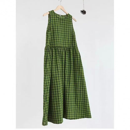 Cotton and linen green plaid fresh and white sleeveless waist drawstring summer dress literary skirt travel dress