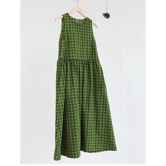 Cotton and linen green plaid fresh and white sleeveless waist drawstring summer dress literary skirt travel dress