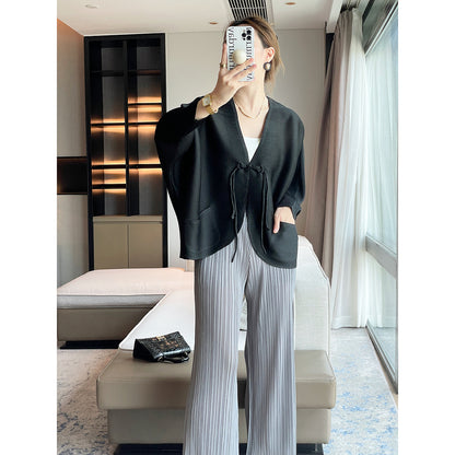 Folds  autumn new Chinese style improved button short coat women's zen temperament versatile white top women