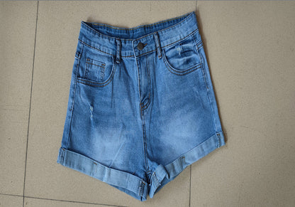 Popular trade elastic hole flanged denim shorts women