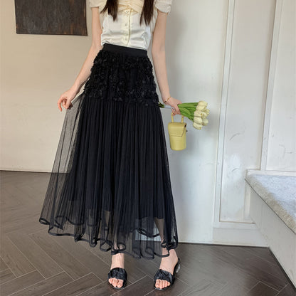 2025 fashion versatile three-dimensional flower mesh skirt women's spring wear high waist thin small long skirt