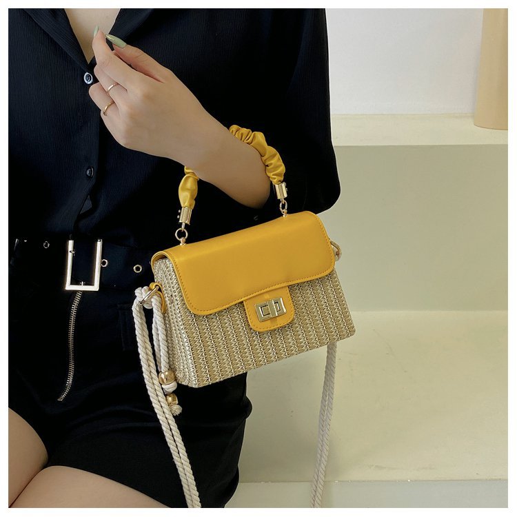 FLOWERSVERSE  Straw Woven Bag Women's Fashionable Beach Weaving Portable Small Square Bag  Summer New Ins Stitching Shoulder Messenger Bag
