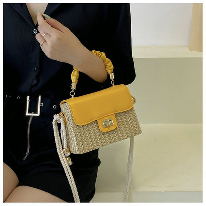 FLOWERSVERSE  Straw Woven Bag Women's Fashionable Beach Weaving Portable Small Square Bag  Summer New Ins Stitching Shoulder Messenger Bag