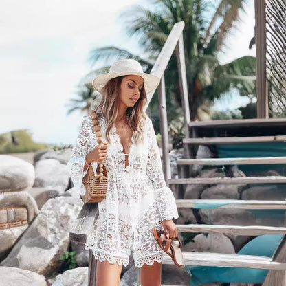 FLOWERSVERSE 2025 New new  wish beach perspective sexy lace long-sleeved V-neck dress women