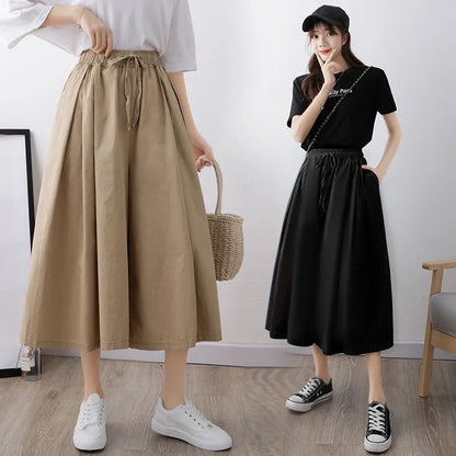 flowersverse Spring, Summer and Autumn New plus Size Wide Leg Culottes Female Student Korean Style Loose High Waist Ankle Culotte Casual Pants Female