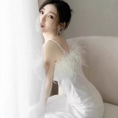 2025 Wedding morning shot dress white morning gown female bride wedding female high-end feather atmosphere dress satin dress