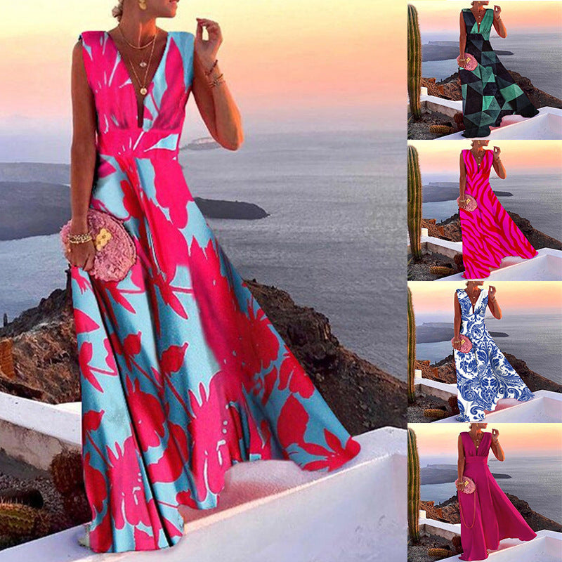 FLOWERSVERSE 24  New summer new women's fashion trend V-neck sleeveless long dress high waist dress dress