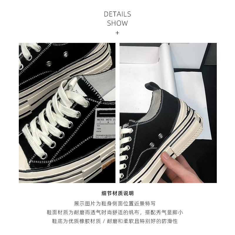 flowersverseWu Jianhao Same Style Black Canvas Shoes for Women  Autumn New Thin Thick Bottom Increased Korean Style Sneakers Pumps Women