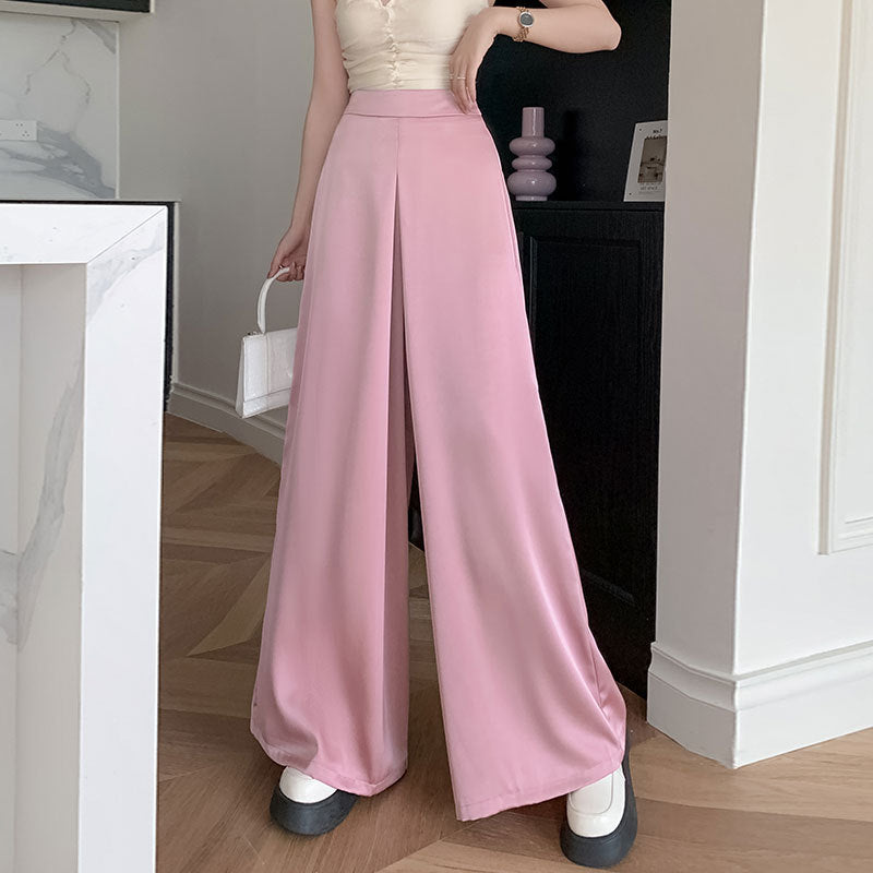 flowersverse High-Grade Acetate Silky Satin Casual Pants Women's Drooping Wide-Leg Pants Skirt  Summer New Solid Color High Waist Trousers