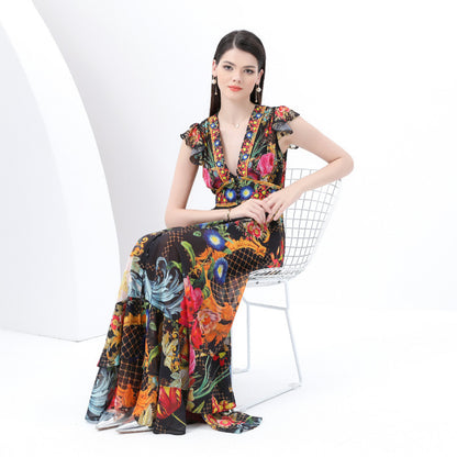 retro court style V-neck sleeveless fashion positioning printing waist thin single-breasted long dress spring