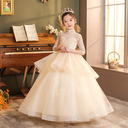 flowersverse Girl's Dress Princess Dress Tulle Tutu Flower Girl Piano Playing Children's Western Style Birthday Girl Host Evening Dress