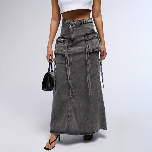 2025n new retro wrong waist design sense niche denim tooling skirt hip wrap cool sa style high waist skirt