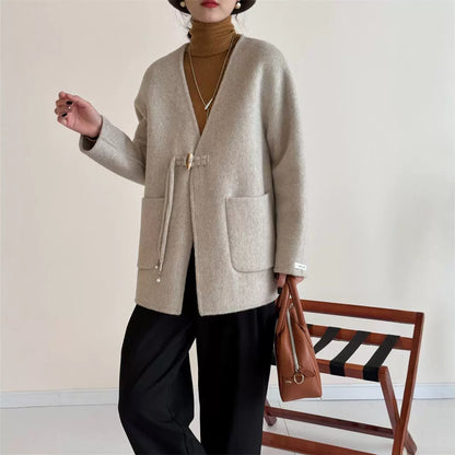 2025 Solid color V-neck lace-up horn buckle, national style double-sided wool woolen jacket, premium women's casual jacket to keep warm in autumn and winter