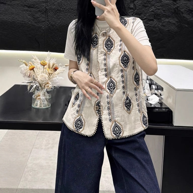 2025 spring style design sense fashion embroidery jacquard retro thin vest temperament outer woman