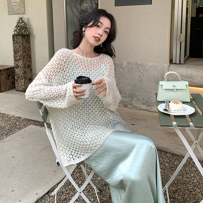 2025 spring loose long-sleeved hollow mohair knitted sweater top oversize sweater 25153