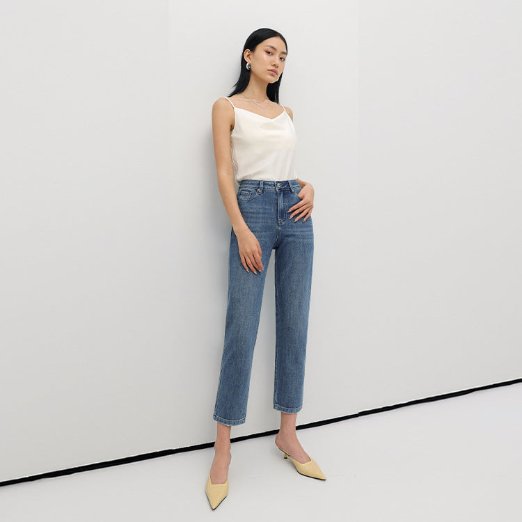 2025 Summer new high-waisted four-sided universal elastic simple thin and high jeans women's nine-point pants straight jeans