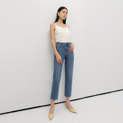 2025 Summer new high-waisted four-sided universal elastic simple thin and high jeans women's nine-point pants straight jeans