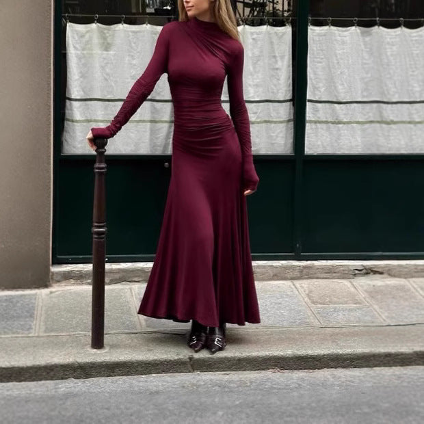 FLOWERSVERSE popular autumn new 2025 women's clothing elegant solid color temperament pleated slim hip wrap long sleeve dress dress