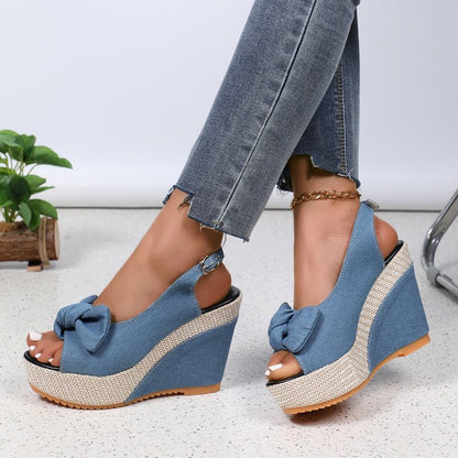 flowersverse  Wedge Hemp Rope Platform High Heel Women's Sandals  New Denim Bow Waterproof Platform Peep-Toe Slingback Sandals