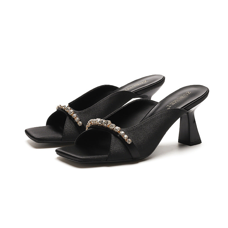 2025 333-3  retro women's shoes square head open-toed high heels rhinestone metal hollow outer wear one-word sandals