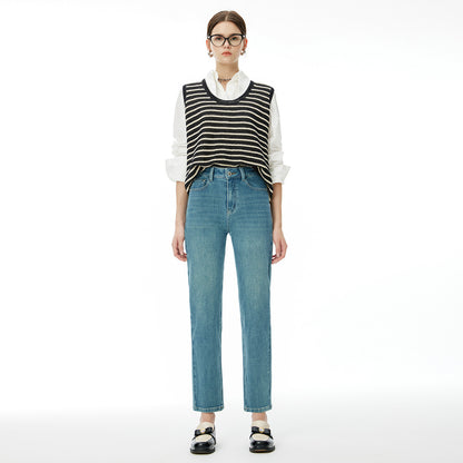 2025 24 autumn new women's nine-point pants 3.60 million like elastic denim baguette pants, high-waisted slim-fitting four-sided elastic jeans