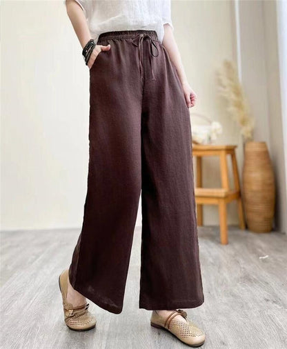 flowersverse Jianmeng Youyou Linen Wide-Leg Pants  Spring New Style Inner Edge Casual Pants for Women Elastic Waist Pants 8826