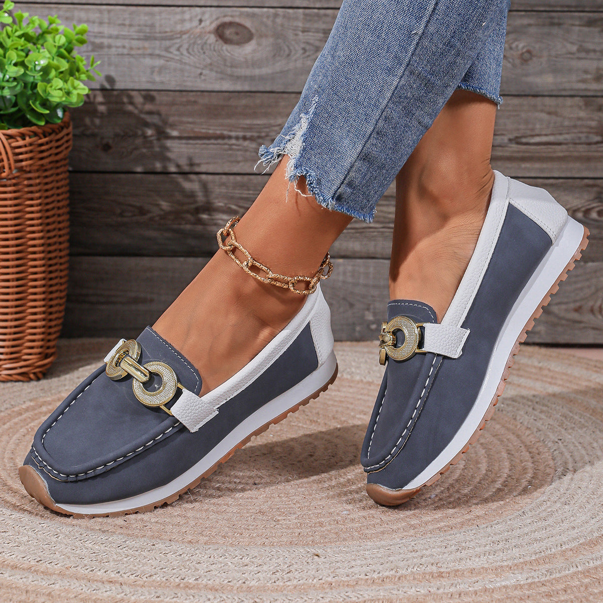 flowersverseCross-Border Foreign Trade plus Size Women's Shoes  Summer New Metal Buckle Flat Casual Cloth Surface Pumps Size 43 Independent Station